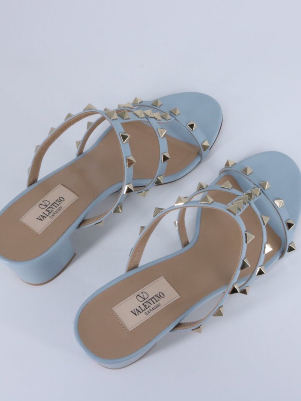 Valentino 40 Porcelain Blue Gold Cage Rockstud 60mm Classic Heels Sandals E938 - Picture 14 of 15